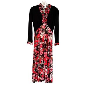 Vintage Floral Ruffle Collar Maxi Dress Women's 12 Black Retro Hippie Boho Party